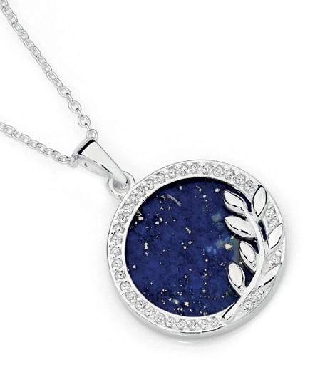 Sterling Silver Lapis & Cubic Zirconia Round Leaves Pendant