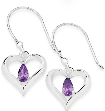 Sterling Silver Marquise Violet Cubic Zirconia Heart Hook Earrings