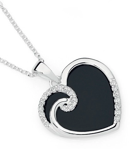 Sterling Silver Onyx & Cubic Zirconia Swirl Heart Pendant