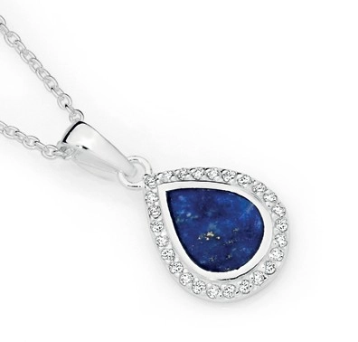 Sterling Silver Pear Lapis & Cubic Zirconia Pendant