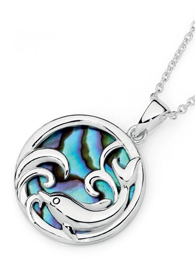 Sterling Silver Round Paua Shell Dolphin Pendant