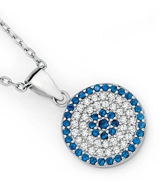 Sterling Silver Round Pave Dark Blue Cubic Zirconia Evil Eye Pendant