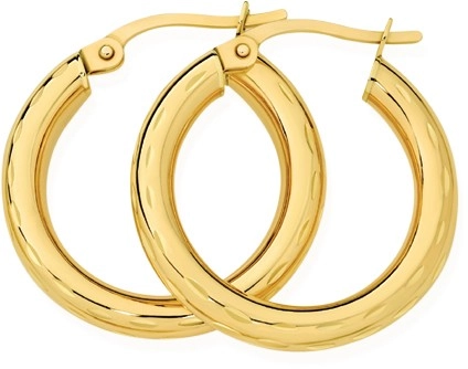 9ct Gold 15mm Light Diamond-Cut Hoop Earrings