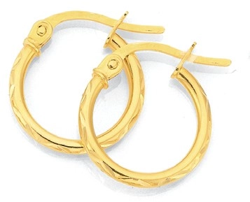 9ct Gold 9mm Patterned Hoop Earrings