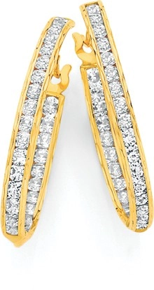 9ct Gold Cubic Zirconia Channel Set Front & Inside Set Hoop Earrings