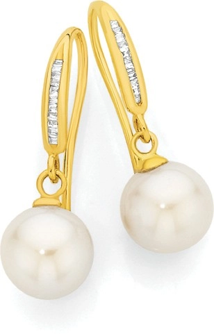 9ct Gold Cultured Freshwater Pearl & Diamond Hook Earrings