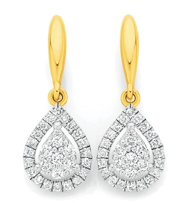 9ct Gold Diamond Cluster Pear Drop Hook Earrings