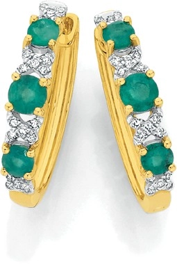 9ct Gold Emerald & Diamond Kiss Huggie Earrings