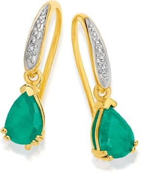 9ct Gold Emerald & Diamond Pear Hook Earrings