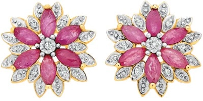 9ct Gold Natural Ruby and Diamond Flower Stud Earrings