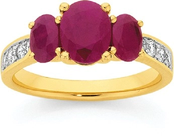 9ct Gold Natural Ruby & Diamond Trilogy Ring