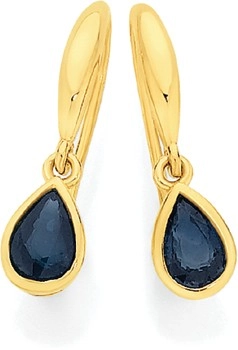 9ct Gold Natural Sapphire Pear Hook Earrings