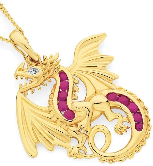 9ct Gold Ruby & Diamond Flying Dragon Pendant