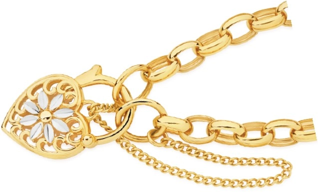 9ct Gold Two Tone 19cm Solid Oval Belcher Flower Padlock Bracelet