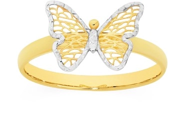 9ct Gold Two Tone Diamond Cut Filigree Butterfly Ring