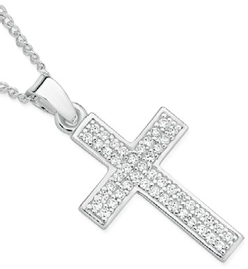 Sterling Silver 20mm Pave Cubic Zirconia Square End Cross Pendant