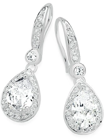 Sterling Silver Pear Cubic Zirconia Cluster Hook Drop Earrings