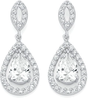 Sterling Silver Pear Cubic Zirconia Cluster On Open Marquise Earrings