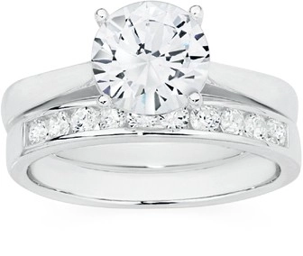 Sterling Silver Solitaire Cubic Zirconia With Cubic Zirconia Band Ring Set