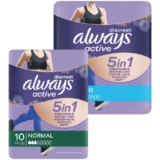 Always Discreet Active Pads Long Pk 8 or Normal Pk 10