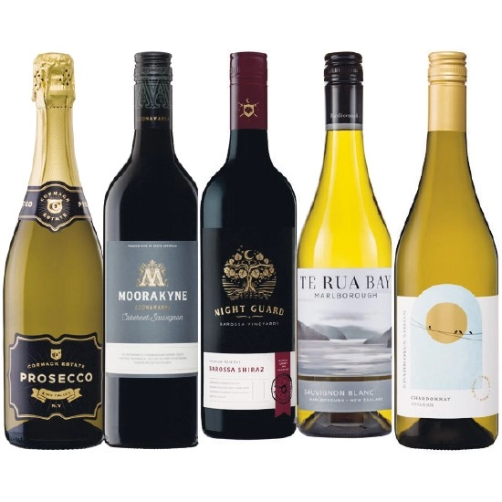 Cormack Estate KV Prosecco, Moorakyne Cabernet Sauvignon, Night Guard Barossa Shiraz, Te Rua Bay Sauvignon Blanc OR Sparrows Moon Chardonnay 750ml