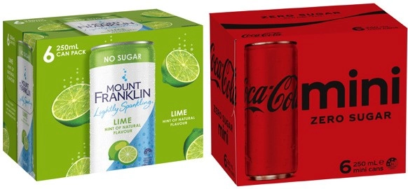 Coca-Cola, Deep Spring or Mt Franklin Mini Cans 6x250mL