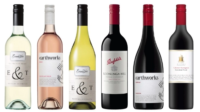 Evans & Tate E&T Sauvignon Blanc, Earthworks Rosé, Evans & Tate E&T Chardonnay, Penfolds Koonunga Hill Shiraz Cabernet, Earthworks Shiraz or Mildara Limestone Coast Cabernet Sauvignon