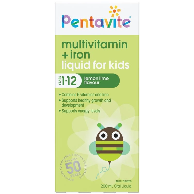 Pentavite Multivitamin + Iron Kids Liquid Lemon Lime 200ml New