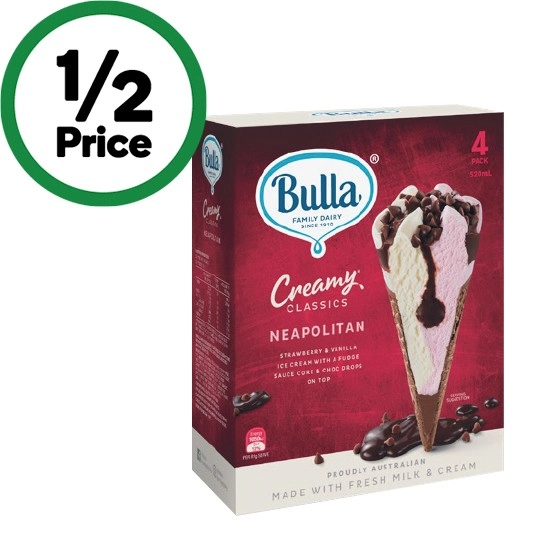 Bulla Ice Cream Cones or Sandwiches 520-560ml Pk 4 – From the Freezer