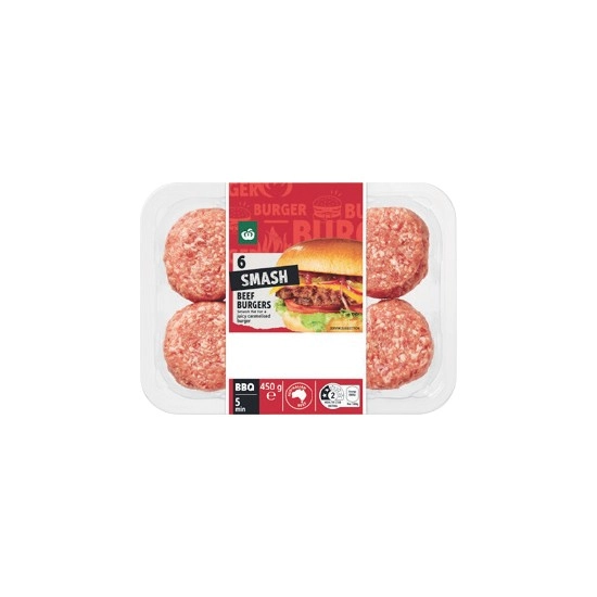 NEW Woolworths 6 Smash Beef Burgers 450g