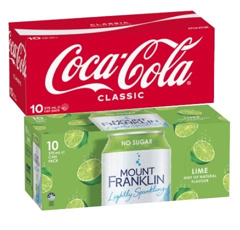 Coca-Cola, Fanta or Sprite Soft Drink or Mt Franklin Lightly Sparkling Water 10x375mL