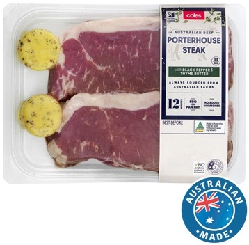 Coles Australian No Added Hormones Beef Porterhouse with Thyme Pepper Butter 500g