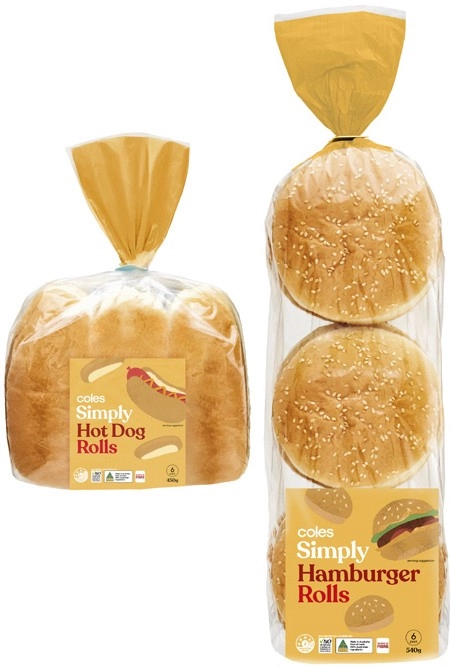 Coles Simply Hamburger Rolls 6 Pack 540g or Hot Dog Rolls 6 Pack 450g