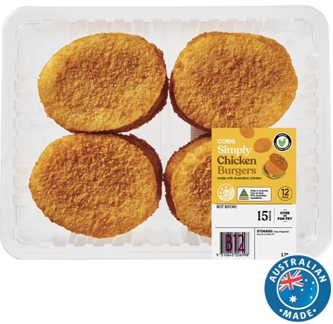 Coles Simply RSPCA Approved Chicken Burgers Plain Crumb 1.2kg