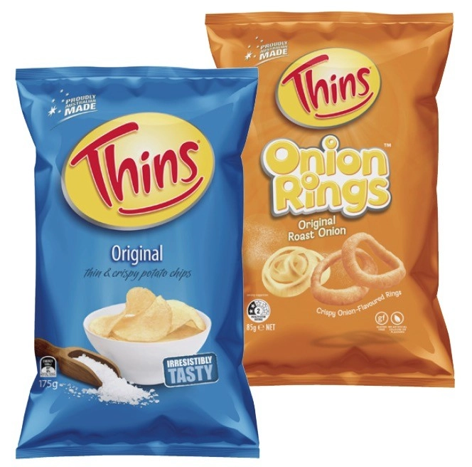 Thins Potato Chips 150g-175g or Onion Rings 85g