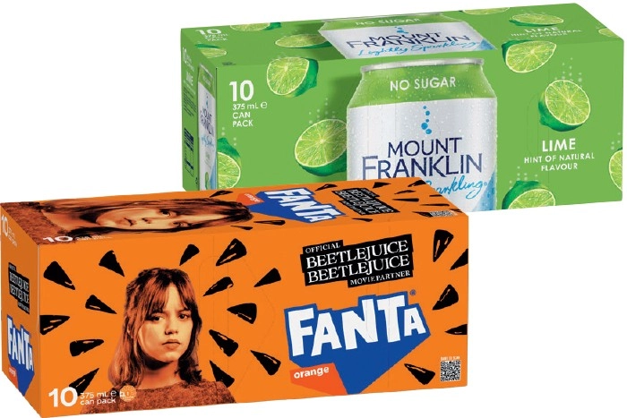 Fanta, Coca-Cola, Sprite or Mount Franklin Lightly Sparkling Water 10x375mL Selected Varieties