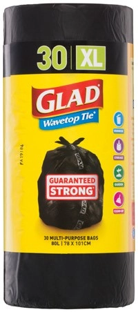 Glad Wavetop Tie Multi‑Purpose 80 Litre Extra Large Bags 30 Pack