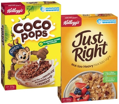 Kellogg’s Coco Pops 375g, Just Right 460g, Fruit Loops 265-285g or Rice Bubbles 410g Selected Varieties