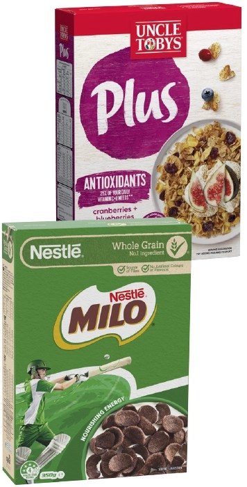 Uncle Tobys Plus 410-435g or Nestle Milo Cereals 330-350g Selected Varieties