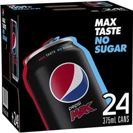 Pepsi Max No Sugar Cola Soft Drink Cans Multipack 375ml X 24 Pack