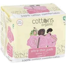 Cottons Organic Ultra Thin Pads Super 12 Pack