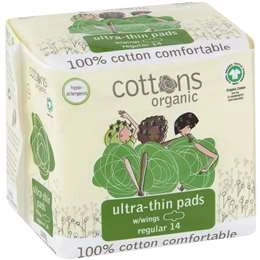 Cottons Organic Ultra Thin Pads Regular With Wings 14 Pack