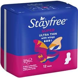 Stayfree Ultra Thin Super Pads With Wings 12 Pack