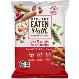 Off The Eaten Path Veggie Chips Pea & Pinto Bean Sticks Sweet Chilli Sour Cream 100g