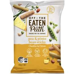 Off The Eaten Path Vegetable Chips Pea & Pinto Bean Sticks Cheddar & Chives 100g