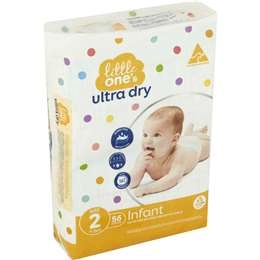 Little One's Size 2 Ultra Dry Nappies Infant 4-8kg Boys & Girls 56 Pack