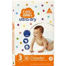 Little One's Size 3 Ultra Dry Nappies Crawler 6-11kg Boys & Girls 56 Pack