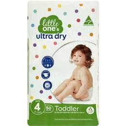 Little One's Size 4 Ultra Dry Nappies Toddler 10-15kg Boys & Girls 50 Pack