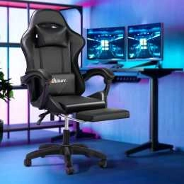 Oikiture Gaming Chair Massage Racing Recliner Office PU Leather with Footrest Black