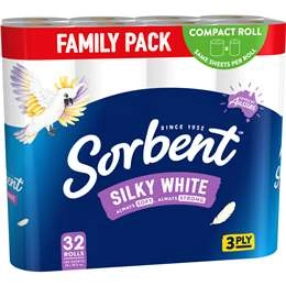 Sorbent Silky White 3 Ply Toilet Tissue 32 Pack